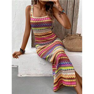 Summer Beach Geo Printed Slit Slim Fit Slip Long Dress